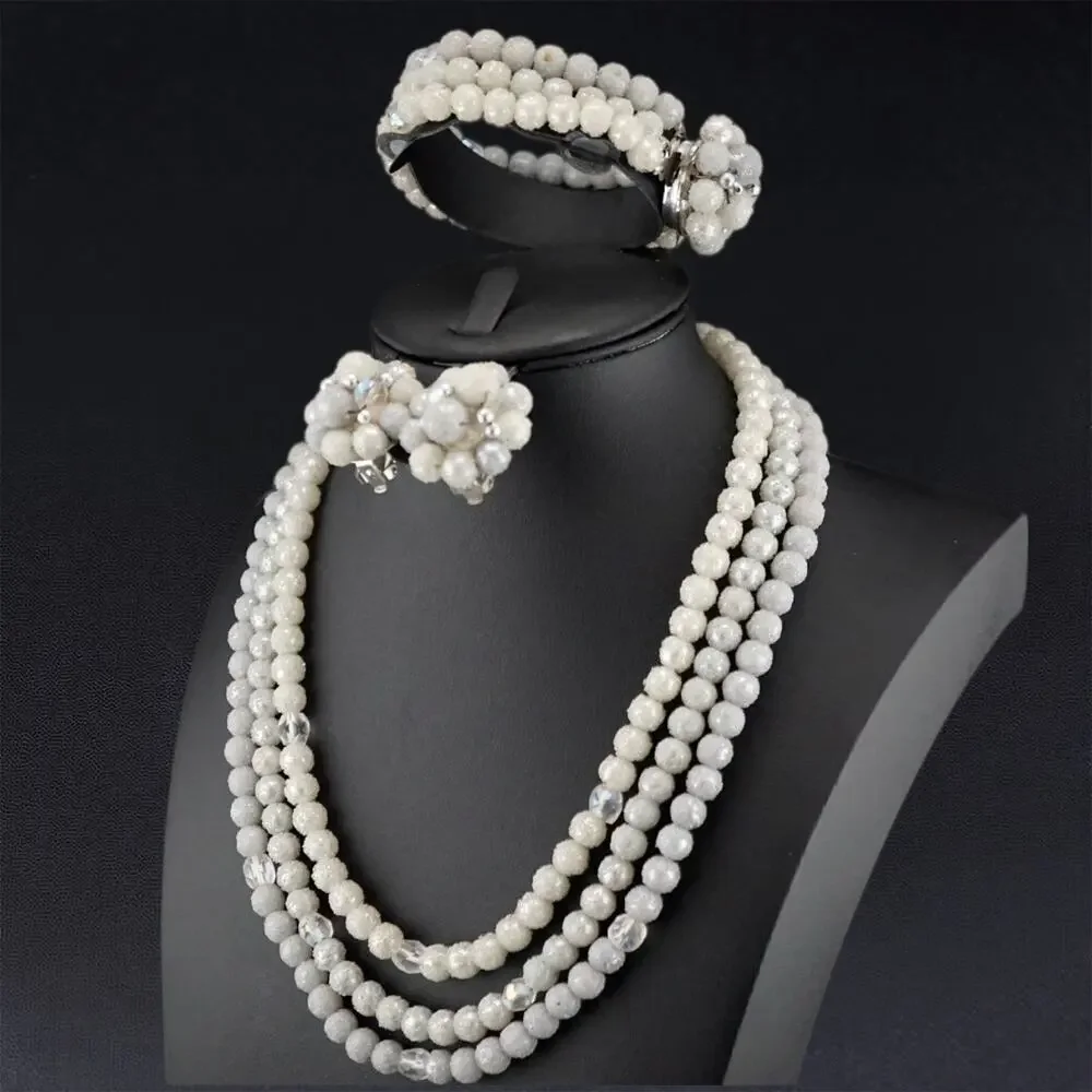 Vintage MCM Sugar Bead Parure Set White Multi Strand Necklace‎ Bracelet Set